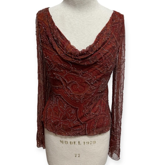 Carmen Marc Valvo Y2K 100% Silk Beaded Drape Neck Fairy Blouse Top - Picture 1 of 16